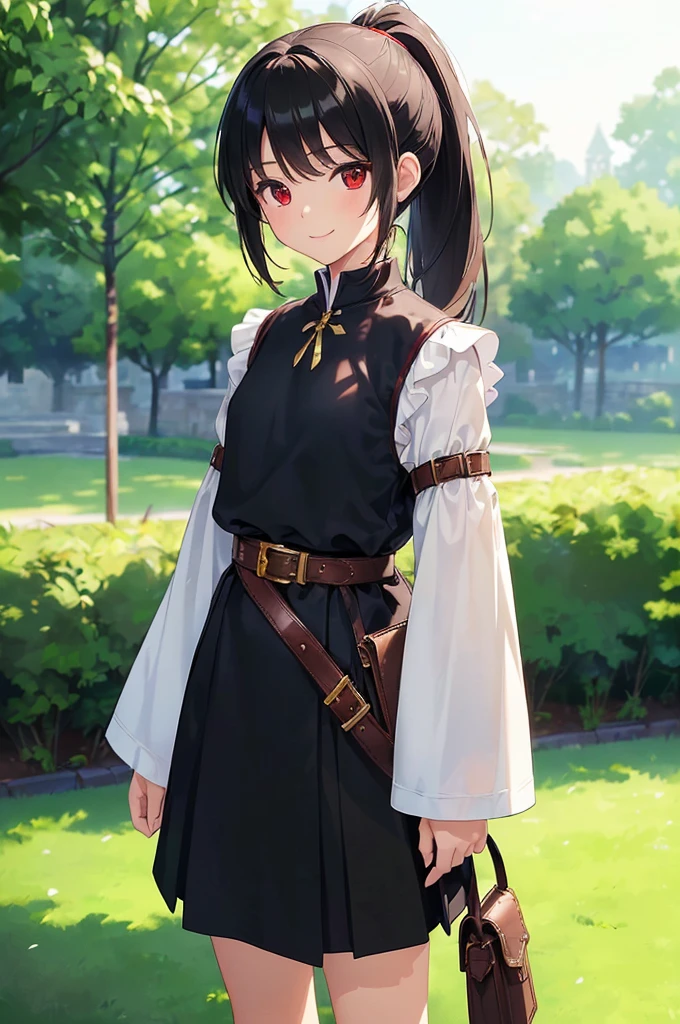 (masterpiece; best quality: 1.2), (finely detailed eyes: 1.3), ((10 year old female ???)), ((solo)), (red eyes: 1.4), (body; short, slender: 1.3), (black hair in ponytail: 1.3), (beautiful and clear background: 1.2), ((depth of field)), (clothes: wanderer mage attire + white-and-gold wide-sleeve high-collar shirt + very long black skirt + belts + traveler pouches and satchel: 1.3), (anime illustration: 1.2), (background; garden exterior: 1.1), (extremely fine and beautiful: 1.1), (shot composition; standing + centered on torso + close-up: 1.5), (expression; calm, smile: 1.2)