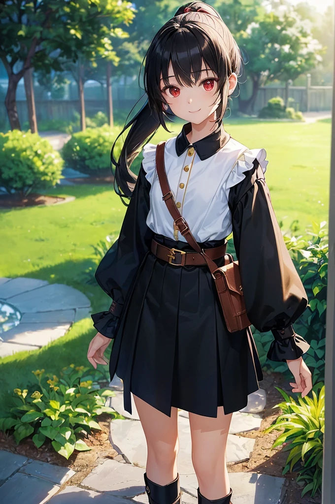 (masterpiece; best quality: 1.2), (finely detailed eyes: 1.3), ((10 year old female kid)), ((solo)), (red eyes: 1.4), (body; short, slender: 1.3), (black hair in ponytail: 1.3), (beautiful and clear background: 1.2), ((depth of field)), (clothes: wanderer mage attire + white-and-gold wide-sleeve high-collar shirt + very long black skirt + belts + traveler pouches and satchel: 1.3), (anime illustration: 1.2), (background; garden exterior: 1.1), (extremely fine and beautiful: 1.1), (shot composition; standing + centered on torso + close-up: 1.pression; calm, smile: 1.2)