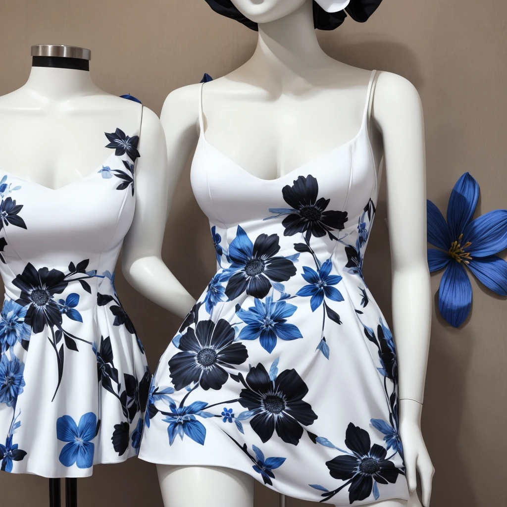 mannequin white, black blue dress with cutout on the thigh.open shoulders, blue flowers