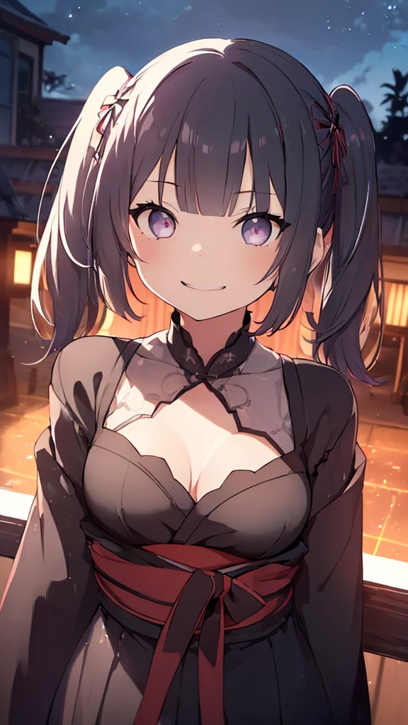 prompt（Re-adjusted version）
beautiful, masterpiece, Highest quality, HiqCG Body, anime, (1 Girl:1.5), (Small breasts:1.2), Portrait Shot, View your viewers, Wet Skin, Intricate details, Little Woman, Her eyes were shining like dreamy stars.,(Shining Eyes:1.3),(Beautifully detailed eyes:1.1)、[[Delicate fingers and hands:0.55]::0.85],(Detailed reference),(Thick black hair, Eyes are bright purple,(Sharp Eye:1.3), (tsurime:1.5), Twin tails,Straight Hair,(Asymmetrical bangs:1.2),(Blunt Bangs:1.3), (hairpin:1.2), Young face,Childlike,Small devil,Succubus,Vampire,Double teeth,Small corner),(kimono),Dynamic Pose,(yandere:1.1),(yandere smile:1.3),(smirk:1.3) ,Cleavage,High angle shot、(night:1.4)、(full moon:1.1),Focus on the chest,(Shake your head:1.2), Thick black hair, kimono, firework