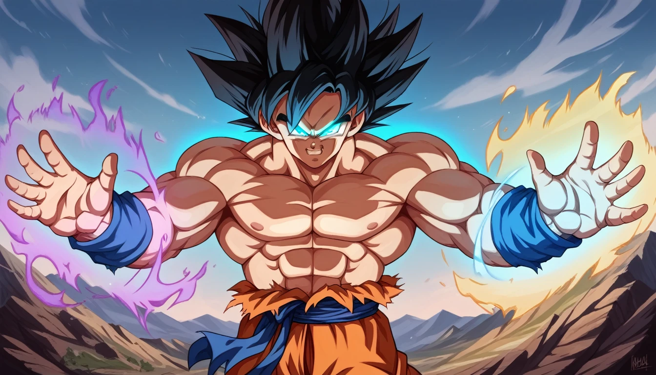 a powerful and muscular goku in his ultimate ultra instinct transformation, detailed facial features, intense glowing eyes, ultra detailed, cinematic lighting, dramatic poses, epic sci-fi landscape, glowing energy aura, ultra detailed skin textures, 8k, best quality, photorealistic, hyper detailed