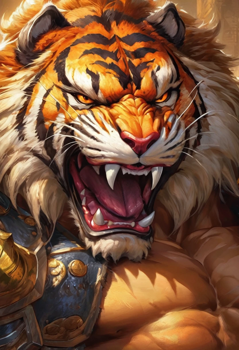 Kintaro close-up of a tiger in armor, Tiger_beast, muscular werewolf has 4 arms, Fur-clad barbarian Goliath, fighting game character, As a character in Tekken, Barack, Hybrid from the Varrior dynasty, Sabretooth, Anthropomorphic tiger, goron brute, muscled humanoid balrog demon, Strong and ferocious, inspired by Li Kan