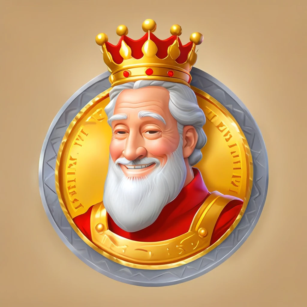 The character is a kind inspired by Disney Pixar, He wears a crown, Smiles, look at me, old man, next to a coin with the image of the king in profile, a gold coin, the profile of the king on the coin, a beautiful coin with the image of the king, the profile of the king on the coin, the image of the king in profile, ((the same king on a coin))