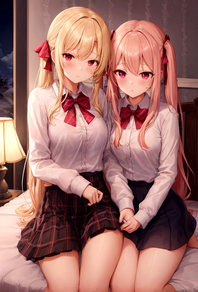 2girls, yuri, lewd touching, blonde hair red eyes, scholar, wallpaper, depth of field, night, light particles, light rays, sidelighting, delicate thighs, open jacket, plug, cloud, panties, ribbons, cute girl, sex, stuffed animals, bedroom, hair accessory, large shirt, naked, pink hair twin tails, red shirt, lifting dress, hands in pants, 