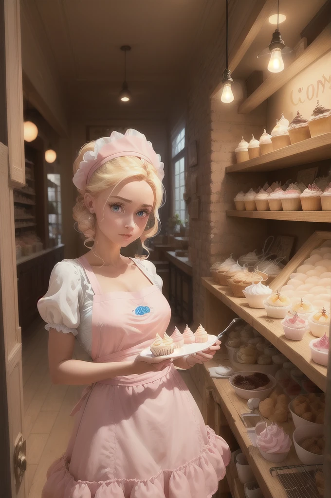 3D poster inspired by Disney Pixar, A confectioner woman illuminated by the light of a lamp, with light skin,blonde hair, eyes browns, light pink apron against the backdrop of a confectionery shop with a logo with the name Doce Dom, Woman is making a cake in cream, there is a mixer on the table, Cupcakes, Brownies e Morango