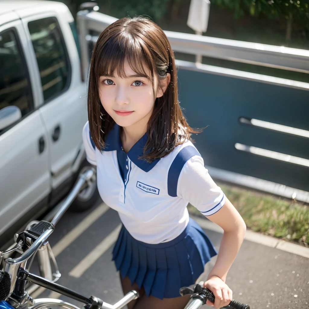 (((32ｋ,high detal,high-detail、​masterpiece,Attention to detail,full body Esbian,solo))),Raw photo & realistic atmosphere,beautiful dark blue eyes,Detailed mouth,Glossy lips,Detailed eyebrows,Eyes drawn in detail with soft white skin that shines with every detail、azure eyes,Very beautiful eyes,Detailed lips、Very beautiful face,Very well-formed face、Lifelike face,shiny beautiful lips, Realistic Young Gravure Idol, very beautiful school girl, ,Moderately beautiful, Young Sensual Gravure Idol, Young Gravure Idol, Beautiful, Cute and sexy１5 year old ,the whole body is wet,dripped out,with a flushed face,Incredibly beautiful１5-year-old girl,short-cut,Brown shiny hair,Hair is wet,Dripping water,dripping,（Black pantyhose,Beautiful fece,Looking at the camera：1.4）,（HDT Vision Japan HDT Vision Black HDT Vision Black HDTV Uniform,well-shaped breasts,,Mature body, I'm anxious and about to cry,Moist eyes,cold smile,glareing,The glaring face is also beautiful：1.5）,（The chest of the uniform is open,Bike ride in the city,Straddling a bike,pedal a bike,rollback,Ride a bike in black pantyhose,Lori Beautiful Girl：1.7）