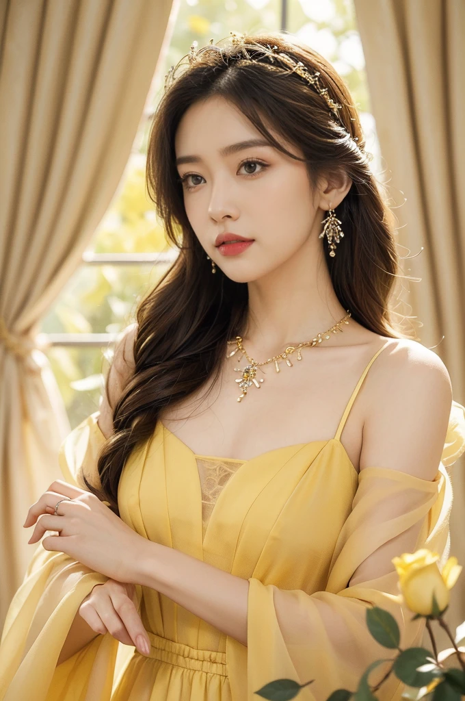 (((best quality))),(((ultra detailed))),(((masterpiece))),illustration, a stunning young girl amidst a sea of yellow roses, yellow rose petal dress,slim,thin, fair skin,shoulder length straight chestnut hair,earrings,necklace,intricate patterns, embellishments, ethereal charm, sparkling eyes, gentle smile,flat chest,small breasts, innocence and grace, yellow roses background, full bloom, fragrance of roses, enchanting presence, delicate fingers, admiration, beauty and nature blend, striking appearance, vibrant yellow color, harmonious equilibrium,lasting impression,standing,((upper body,from front)),night scene,indoor