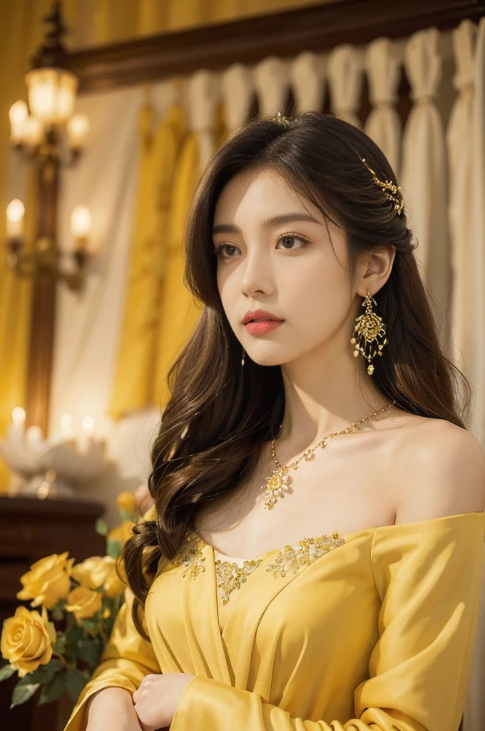 (((best quality))),(((ultra detailed))),(((masterpiece))),illustration, a stunning young girl amidst a sea of yellow roses, yellow rose petal dress,slim,thin, fair skin,shoulder length straight chestnut hair,earrings,necklace,intricate patterns, embellishments, ethereal charm, sparkling eyes, gentle smile,flat chest,small breasts, innocence and grace, yellow roses background, full bloom, fragrance of roses, enchanting presence, delicate fingers, admiration, beauty and nature blend, striking appearance, vibrant yellow color, harmonious equilibrium,lasting impression,standing,((upper body,from front)),night scene,indoor