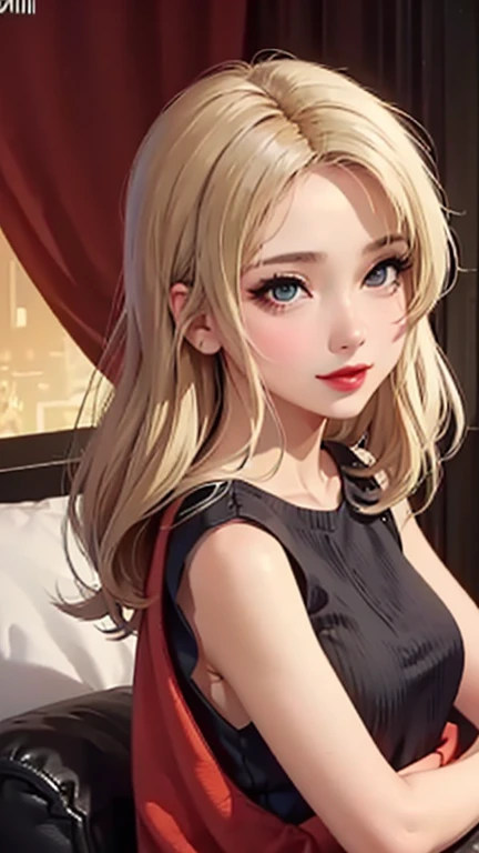 blush a little and smile, (Top quality masterpiece:1.2) Delicate illustrations, Very detailed, /Beautiful Japanese Women、1 person,Very cute and slim、Great style 、((8K images、super high quality))、Very delicate face, Skin and Hair、beautifule forehead、Red lipstick、(((((Mid-length hair、Blonde、lure))))),Very cute Japanese cut face、Eyes and nose are clearly visible、Kind eyes,((((Sleeveless fashion))))
