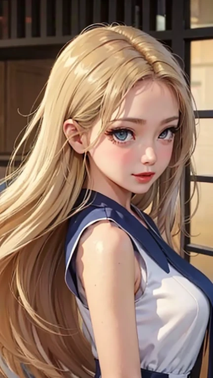 blush a little and smile, (Top quality masterpiece:1.2) Delicate illustrations, Very detailed, /Beautiful Japanese Women、1 person,Very cute and slim、Great style 、((8K images、super high quality))、Very delicate face, Skin and Hair、beautifule forehead、Red lipstick、(((((Mid-length hair、Blonde、lure))))),Very cute Japanese cut face、Eyes and nose are clearly visible、Kind eyes,((((Sleeveless fashion))))