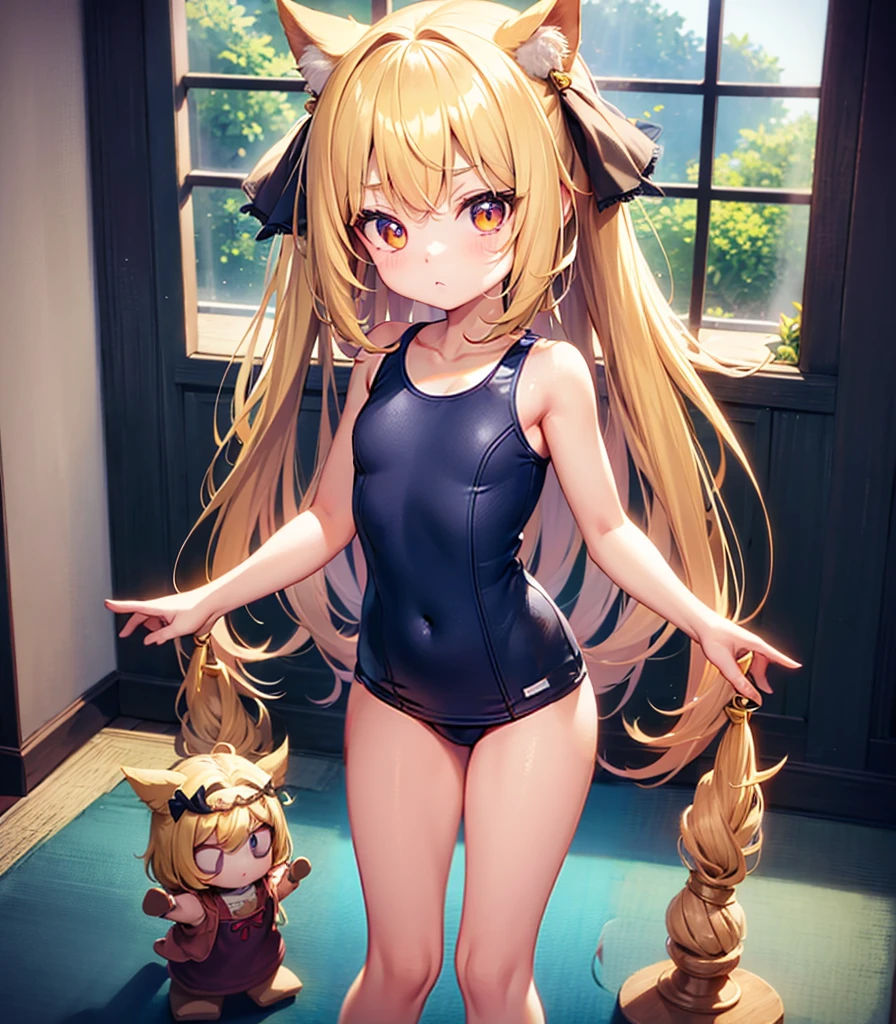 Cute little ,Tiny Lorill girl,,Childish face, Very fine clean face,Top quality, Big eyes,Straight Hair,Yellow hair,Crimson Eye,(Dark Room), Subtle light, Natural light,Soft lighting,Light from directly behind, (Are standing), Cute pose, Open your hands, Showing the whole body,Front view,Black background