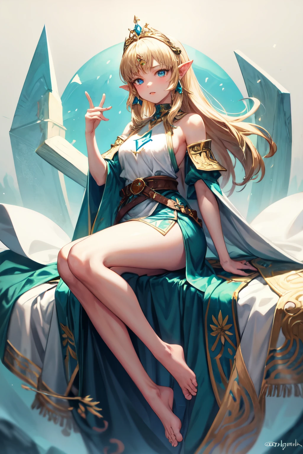 The Legend of Zelda Princess，Wearing a white robe，There is a green pattern，Dress conservatively，barefoot，blond，Blue Eyes，The golden belt has a green triangular gem and green patterns