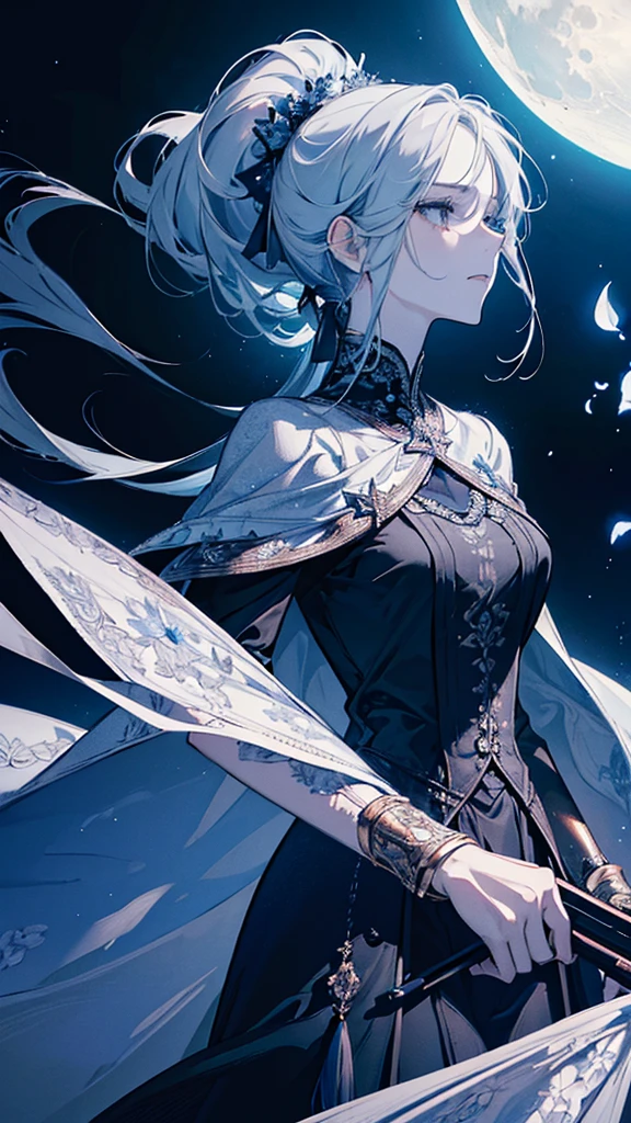 masterpiece, (Highest quality:1.2), (Super detailed:1.2), figure, (Very delicate and beautiful:1.2),Movie angle,floating, (Beautiful attention to detail:1.1), (Detailed light:1.1),Cinema Lighting, Beautifully detailed skies, woman, Gray Hair, (High Ponytail:1.1), Cape, Close eyes, (moon:1.2), (moonlight:1.1), Starry Sky, (Lighting particles:1.1), fog, Snow Painting, sketch, bloom