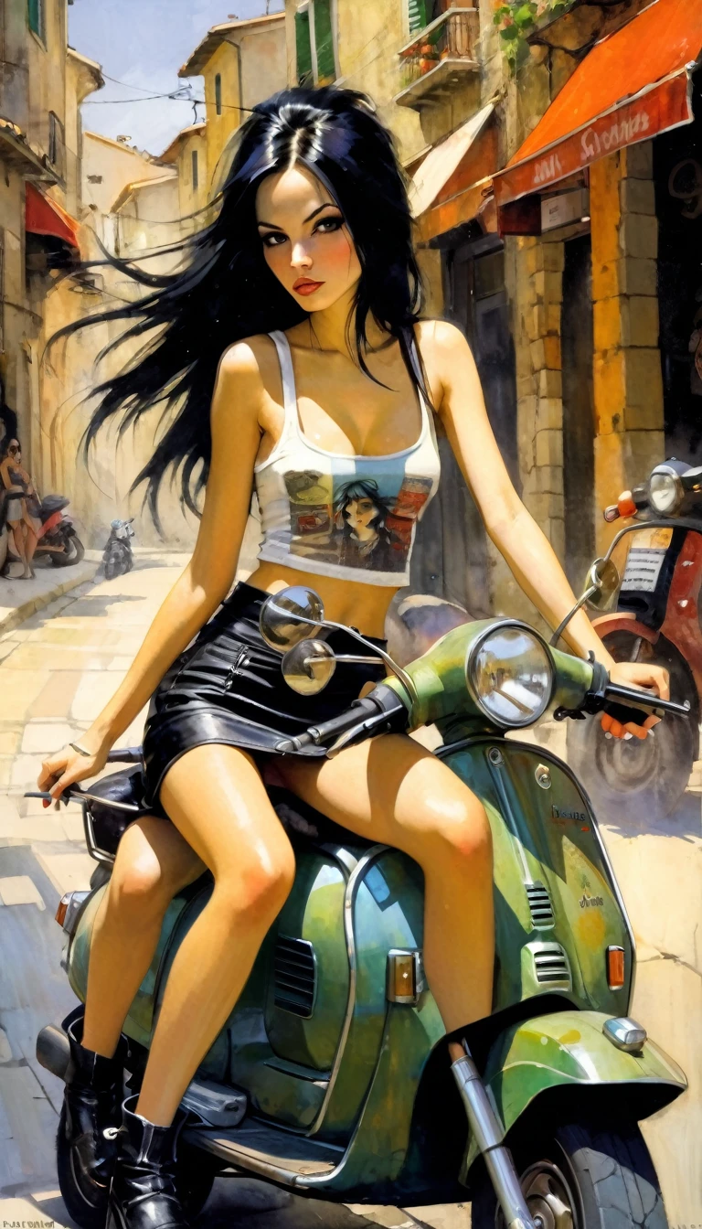 Very sexy girl, long black hair, punk look, sitting on a scooter, motorcycle, black leather miniskirt, on a stone Italian town street, tank top, pronounced nipples, small breasts,(art inspired in Bill Sienkiewicz). oil painting)