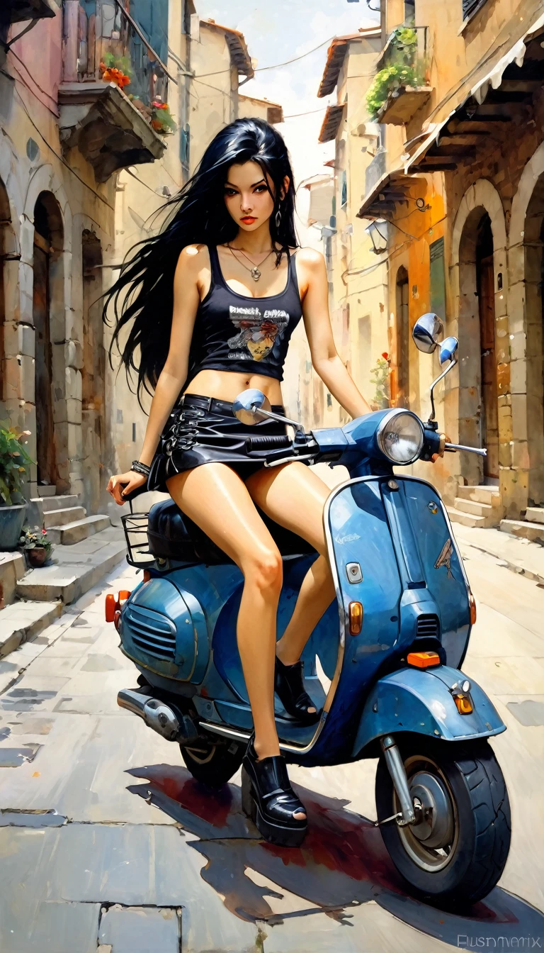 Very sexy girl, long black hair, punk look, sitting on a scooter, motorcycle, black leather miniskirt, on a stone Italian town street, tank top, pronounced nipples, small breasts,(art inspired in Bill Sienkiewicz). oil painting) 