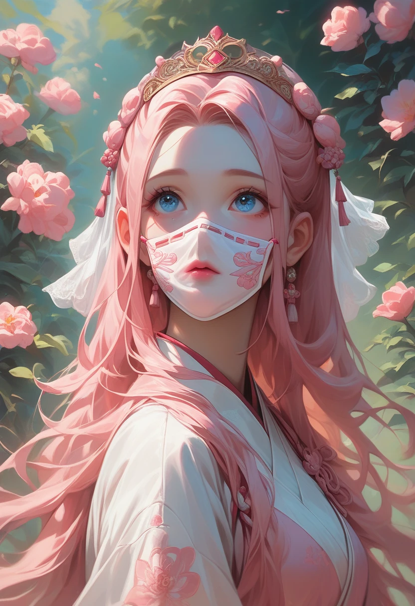 best quality, masterpiece,pink loose long hair, blue eyes,white-hanfu clothes,white-transparent lace cloth mask,small tiara with accessories and flowers,looking up, upper body,hair strand,Fair skin,a mole under left eye,pink lips,a girl around 12 years old
