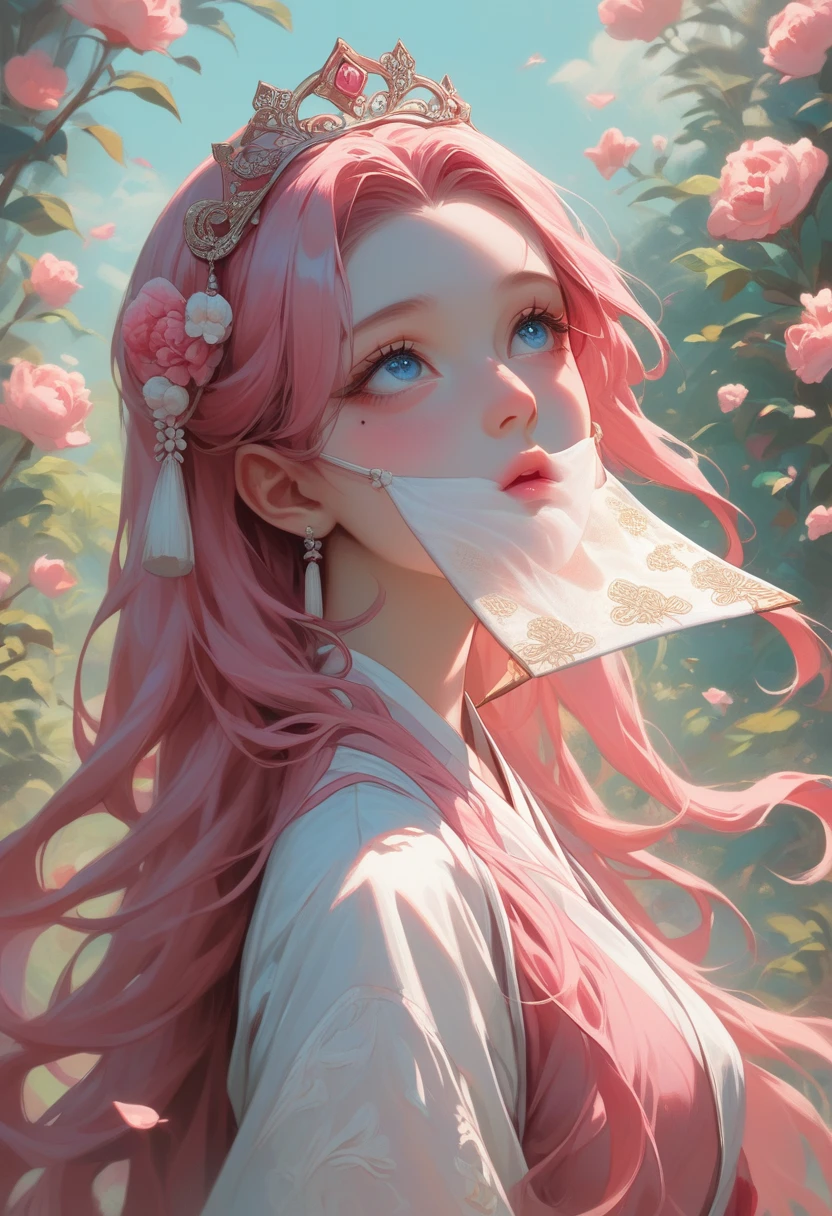 best quality, masterpiece,pink loose long hair, blue eyes,white-hanfu clothes,white-transparent lace cloth mask,small tiara with accessories and flowers,looking up, upper body,hair strand,Fair skin,a mole under left eye,pink lips,a girl around 12 years old