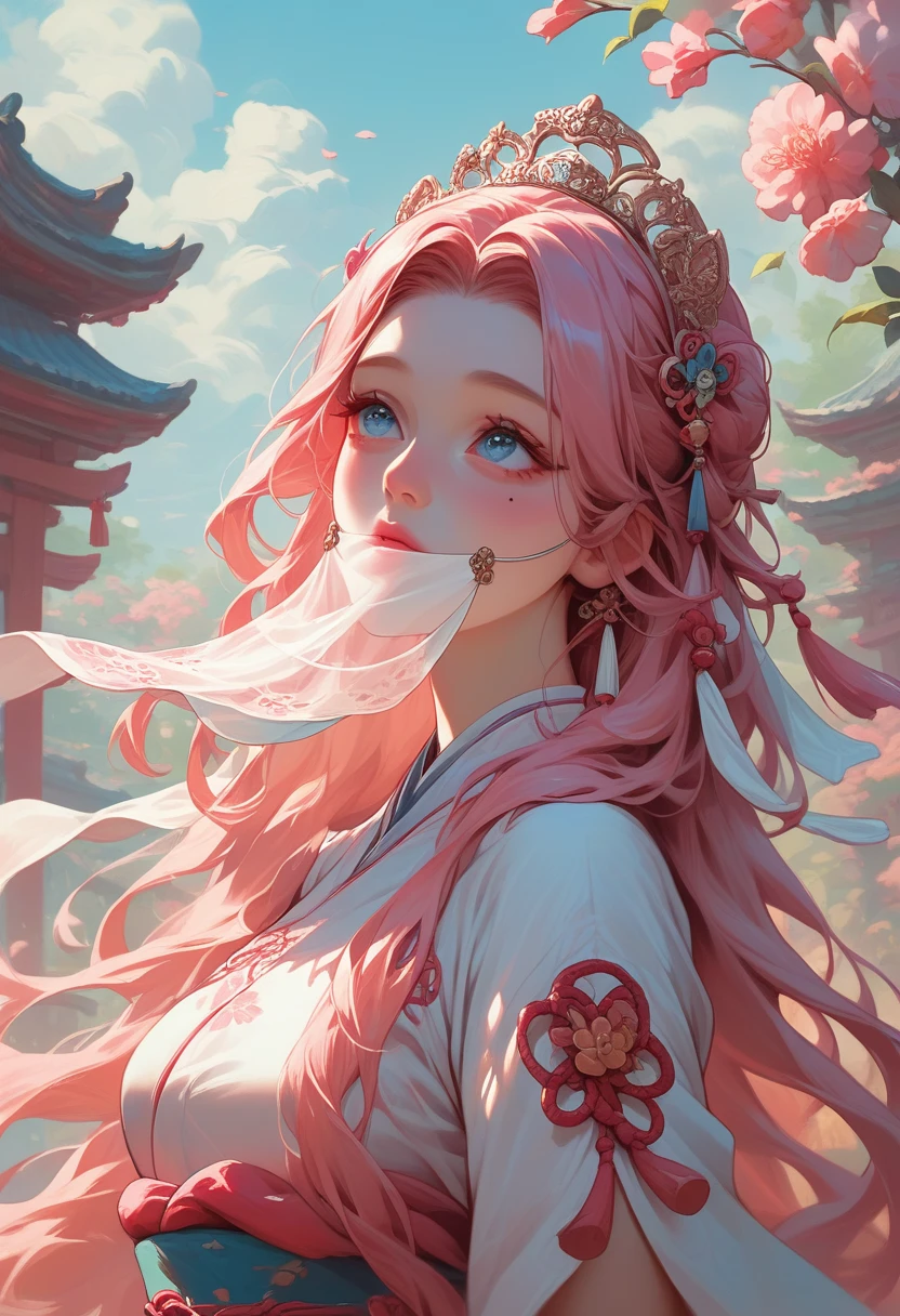 best quality, masterpiece,pink loose long hair, blue eyes,white-hanfu clothes,white-transparent lace cloth mask,small tiara with accessories and flowers,looking up, upper body,hair strand,Fair skin,a mole under left eye,pink lips,a girl around 12 years old