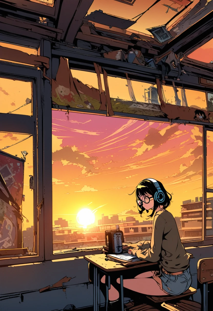 Masterpiece, radical illustration, junk art, girl, okappa hair, headphones, yellow under-rim glasses, classroom, sunset, mysterious experiment
