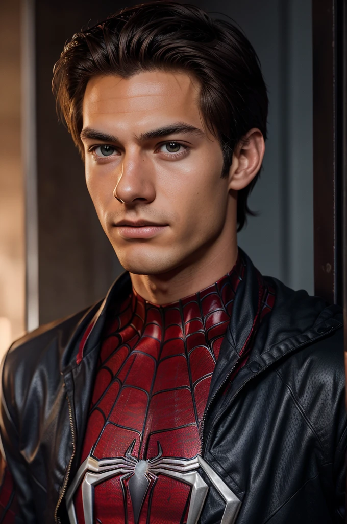 A photograph of spider man, no mask, 20 yo, handsome, detailed face, looking at camera, portrait, 8k uhd, high quality