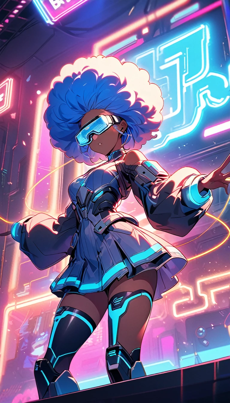 Beautiful, 1 dark skin, single girl, fluffy afro hair, blue hair, glowing wire, VR glasses mixed with sci-fi and neon tones. Behind it is a robot with neon lights. The background image is a large robot, clearly visible. ,on stage,playing electric drums