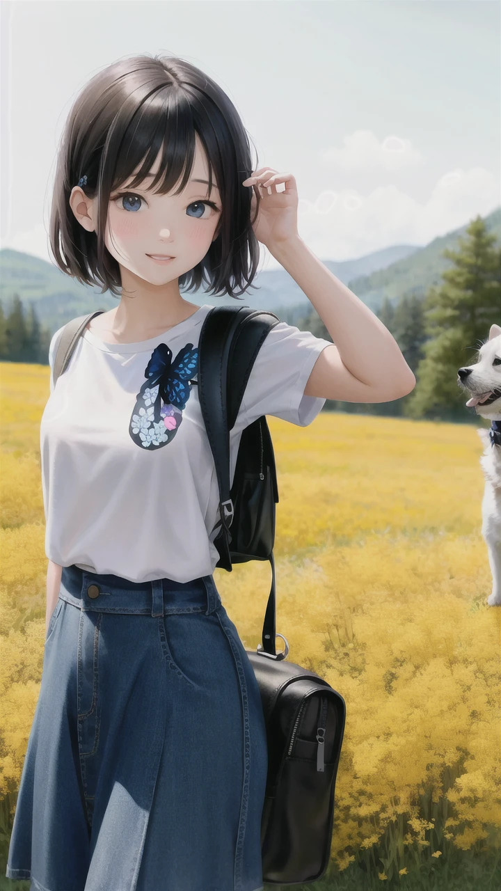 An incredibly charming carrying a backpack, accompanied by her adorable puppy, enjoying a lovely spring outing surrounded by beautiful yellow flowers and natural scenery. The illustration is in high definition at 4k resolution, with highly-detailed facial features and cartoon-style visuals, (Butterfly Dance)
