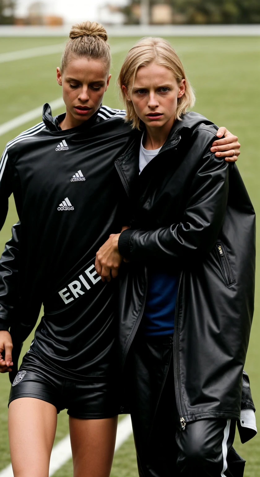 an injured soccer player needs support, a blond woman supports an injured soccer player in walking, he is really collapsing with pain, he is really fainting, she is holding him up, he is hanging on her shoulder, they are standing very close together, his hand is lying on her shoulder, arm-in-arm, she has her hand around his waist, she is wearing shiny leather pants, she is grabbing his waist, a man in a white tanktop, a shorthaired blond man, a girl in shiny leather pants, a shorthaired blond man in a white tanktop, a brownhaired woman with a very desperate facial expression, a brownhaired woman in a high shine blue and red nylon-coat, there is a young couple standing arm-in-arm, there is a brownhaired attractive woman wearing a high-shine nylon-coat, a wetlook nylon-coat, a brownhaired woman is crying with sorrow, a brownhaired woman is holding an injured shorthaired boy, there is a boy in jeans and tanktop hugging a brownhaired woman that is wearing a very shiny padded laquered coat, a shorthaired blond boy has a painful face and cannot walk, there is a brownhaired girl giving support to an injured shorthaired boy, a wounded blond and shorthaired boy cannot walk and has to be supported by a girl, he grabs her shoulder, he has his arm around her shoulder, his hand is on her shouder, a sad looking girl ia carrying a wounded boy, masterpiece, jeans, boy in a white cotton tanktop, super detailed background, detailed face, brown eyes, crying out, tears, desperation, pain, agony, accident pose, dramatic suffering pose, hands detailed hands, the head of an african man with lowered gaze and a theatrically suffering facial expression
