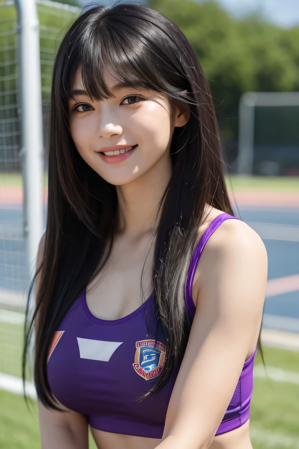 masterpiece, best quality, 1 Girl, Solitary, ager, black hair, Long hair, Purple Eyes, Side Bangs, Short bangs, Smile, Medium breasts, Good exercise, Bruma, outdoor, track and field, smug