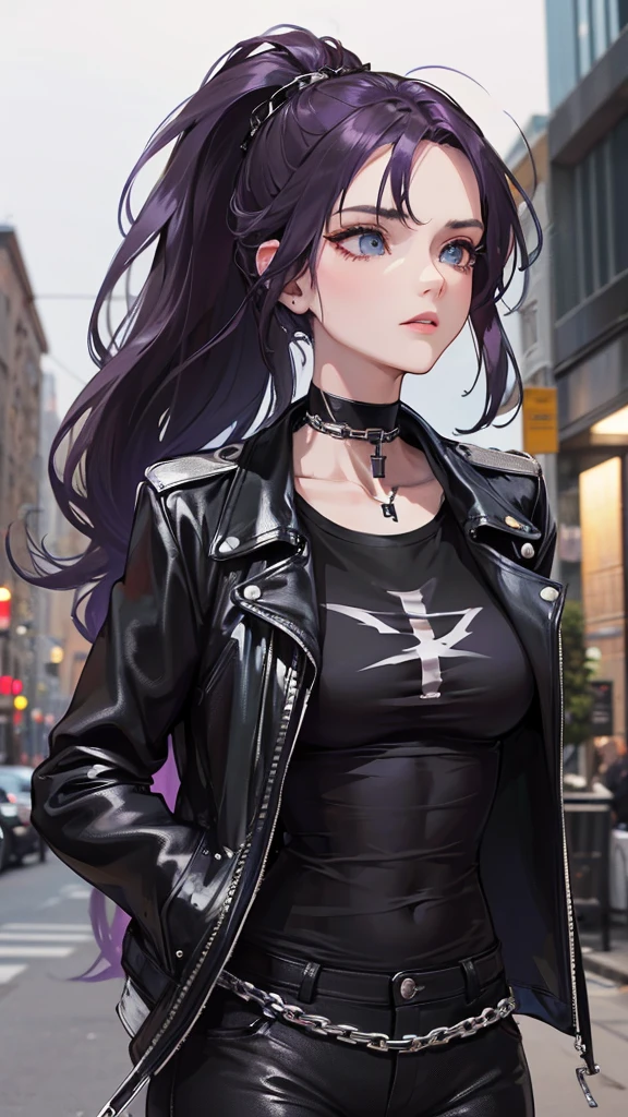 Photograph of the upper body of a beautiful woman,  , normal breasts, perfect body), Sharp focus, (tall body, mature woman), ((Looking ahead)), (Highly detailed skin, hair follicles:1.4,) (long ponytail hairstyle ,Dark purple hair, blue eyes) , (black t-shirt:1.47),(green pants),chain , There are tears. , Cross necklace , wearing a black leather jacket,  cross chain, city scenery , punk , night light  , high quality ,cold expression, one leather gloves , biker style , cool