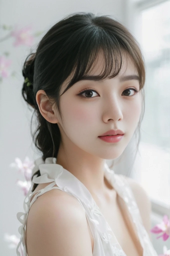 a close up of a woman with a white top and flowers, jinyoung shin, lovely delicate face, girl cute-fine-face, korean girl, ulzzang, headshot profile picture, beautiful delicate face, with cute - fine - face, jaeyeon nam, beautiful young korean woman, young adorable korean face, high quality portrait, beautiful south korean woman, beautiful asian girl