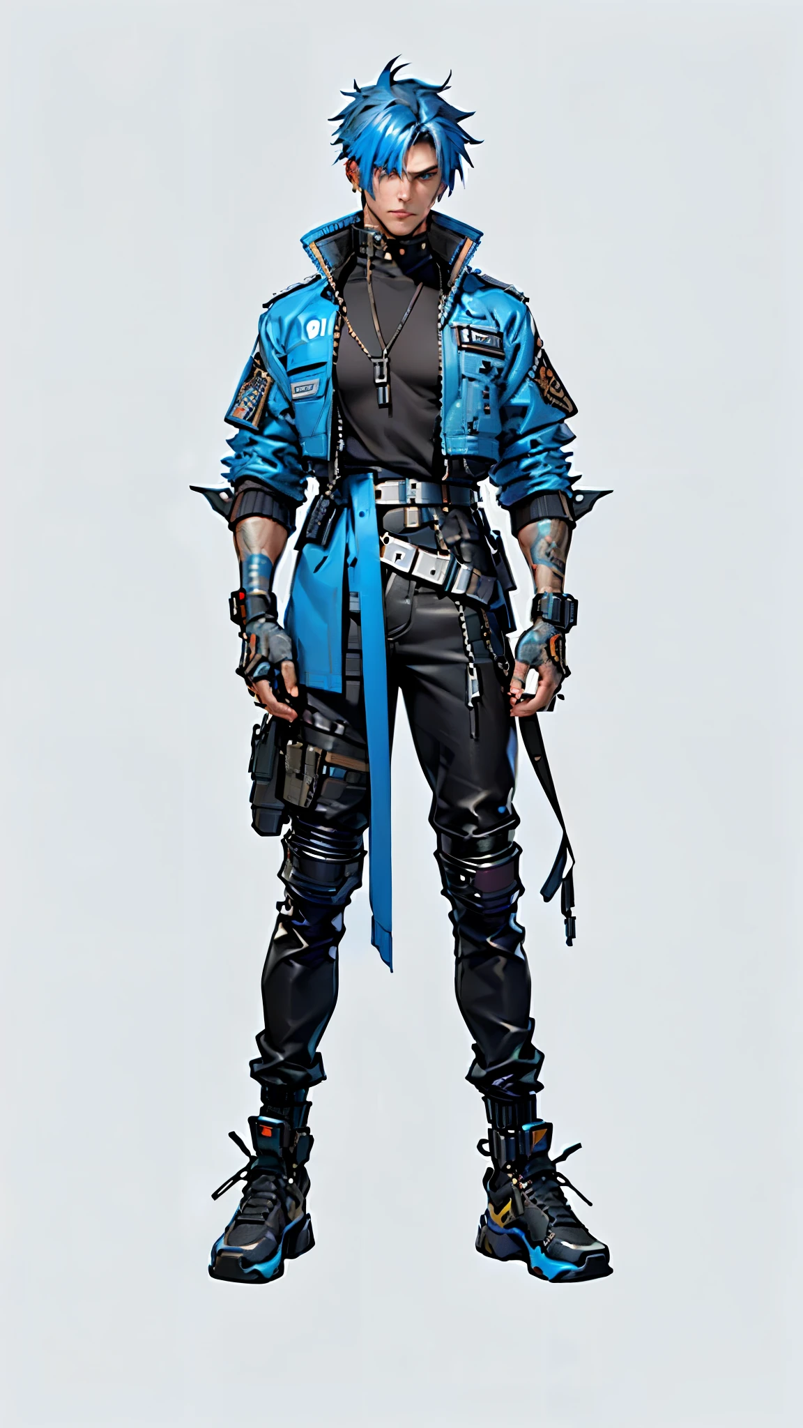 (Ultra-detailed, master piece, Top Quality, High Resolution, Beautiful eyes, Detailed eyes, Detailed face:1.5), (Male:1.5), (one person:1.5), Brave and cool boy, beautiful blue eyes, medium height, blue hair, center parted hairstyle, (cyberpunk outfit, Overstuffed Clothes, Cool fashion style:1.5), (large size military jacket: 1.5), (front, upright: 1.5), transparent background, (no posing:1.5), ((correct anatomy:1.5)),RAW Photo, Photorealistic, 16k