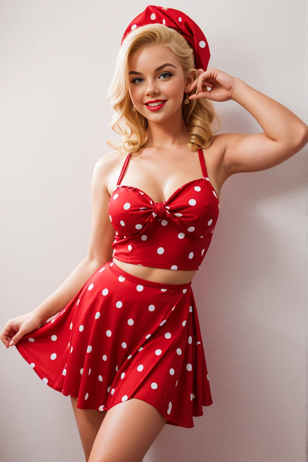 attractive smiling blonde pin-up girl full length in red dress with big polka dots, wavy short pin-up hairstyle with red bandana, dynamic pose pointing finger up, juicy lips, professional shot, super realism, white background