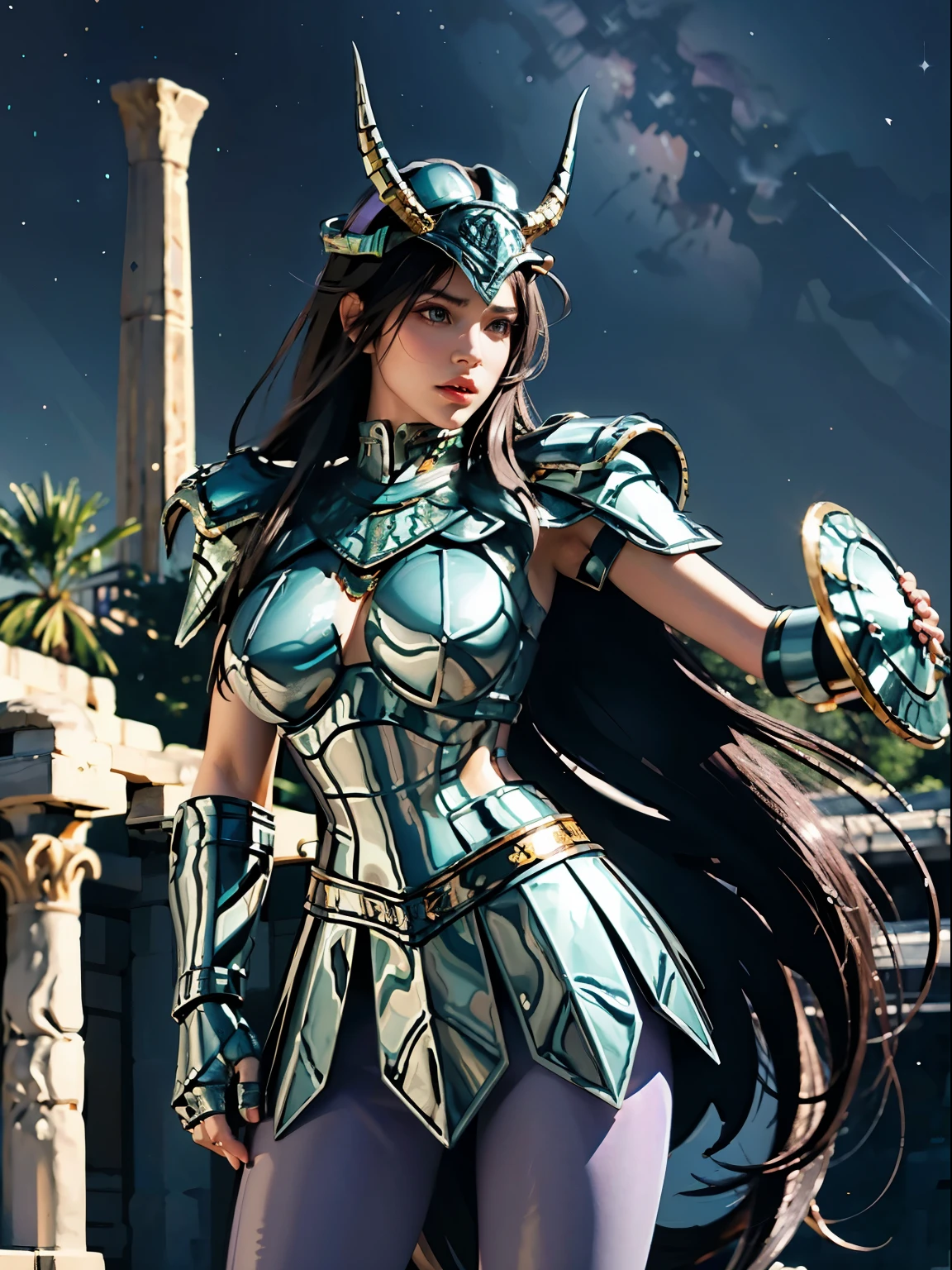 masterpiece, best quality, ultra high res, realistic skin texture, armature, (photorealistic:1.4), high resolution, raw photo, shiny skin, realistic skin texture, best lighting, sparkle, dramatic lighting, dynamic pose, (greek temple background:1.3), night sky, cosmos, milky way, 1girl, (medium breast:1.1), balanced eyes, Dragon Shiryu wearing green silver armor, purple pants, purple short sleeve shirt, wearing dragon helmet, roman skirt plate, (breast plate:1.5), very long hair, shield, cleavage,