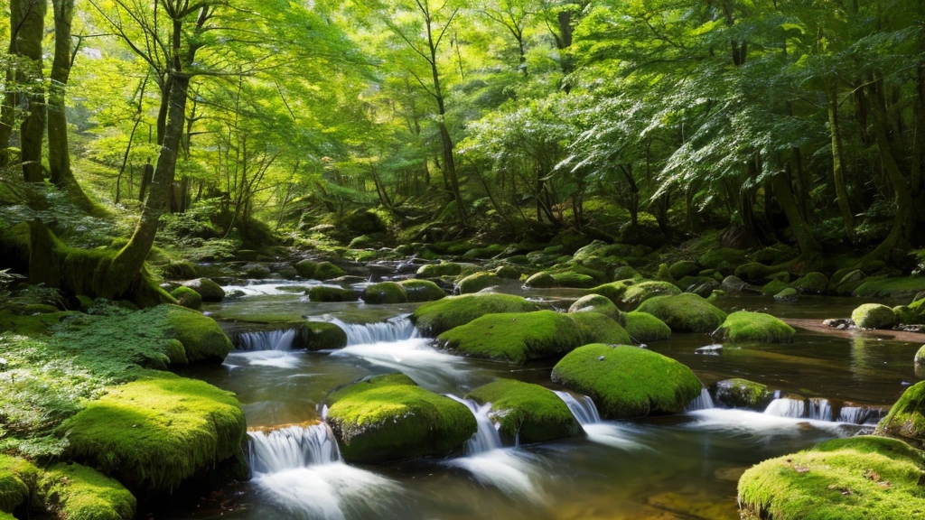 Primary forest,wood々The sunlight shines in,Mossy stone,spring,(stream),Large broadleaf tree,Small creek