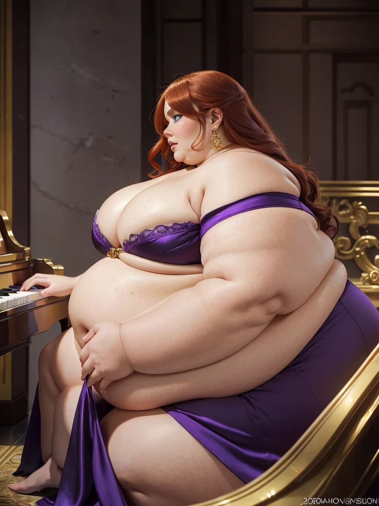 A Sideview elegant photo of a young beautiful redhead bbw with soft fat belly, wide fat obese hips, thick fat legs and fat arms, cute pretty face, small breasts, blue eyes, freckles, in a purple covering detailed beautiful dress Wearing jewelery and golden female watch, sitting and playing a grand piano in an opera