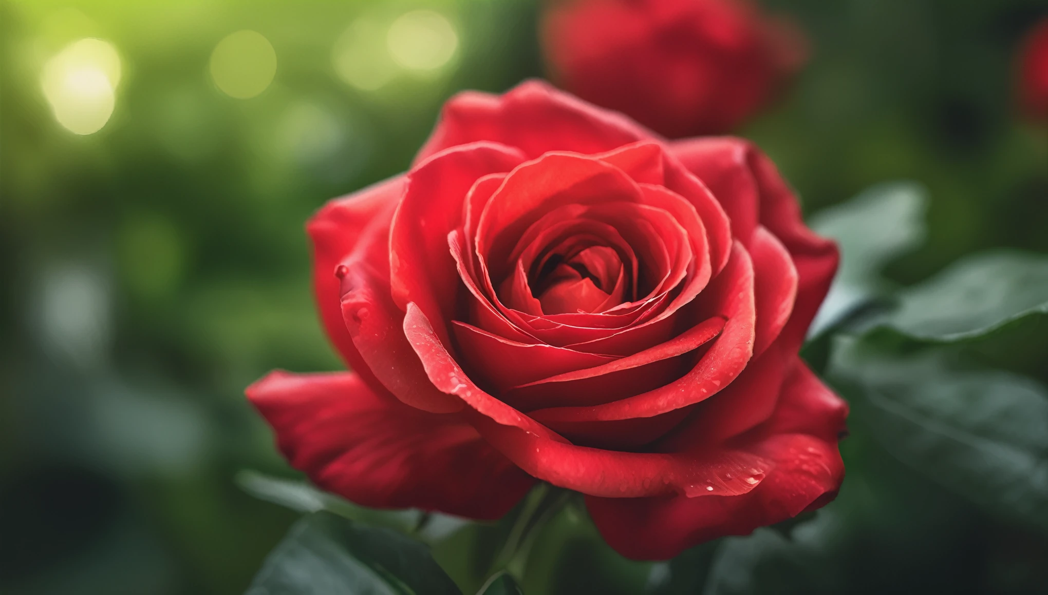 Close-up of vivid red rose centered in the frame, soft focus on surrounding lush green foliage, defocused background creating a bokeh effect, nature's palette in full display, natural light, ultra fine details, digital painting
