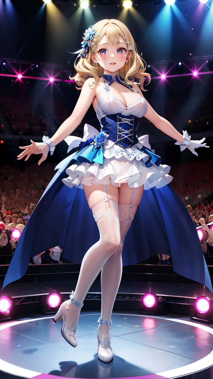 masterpiece, best quality, highly detailed, ultra high res, ayase arisa, 1girl, solo, hair ornament, flower in hair, blonde hair, glossy lips, full lips, sleeveless idol dress, tiered skirt, (see-through skirt:1.5), pink thigh highs, white heeled boots, full body, looking at viewer, crowd, audience, cleavage