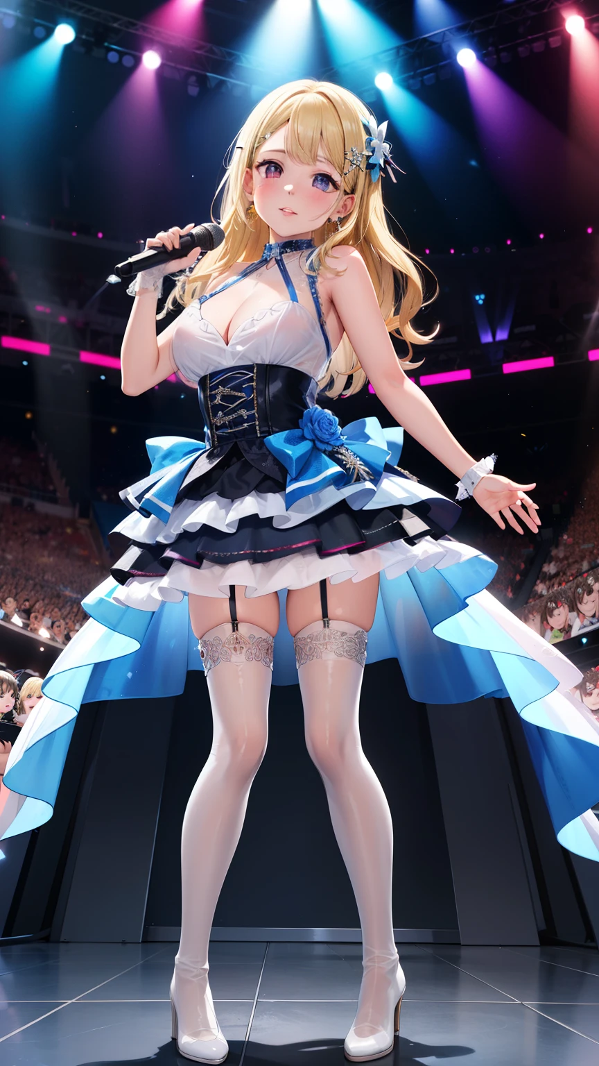 masterpiece, best quality, highly detailed, ultra high res, ayase arisa, 1girl, solo, hair ornament, flower in hair, blonde hair, glossy lips, full lips, sleeveless idol dress, tiered skirt, (see-through skirt:1.5), pink thigh highs, white heeled boots, full body, looking at viewer, crowd, audience, cleavage