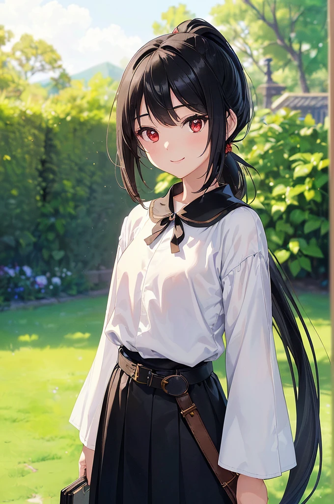 (masterpiece; best quality: 1.2), (finely detailed eyes: 1.3), ((10 year old female kid)), ((solo)), (red eyes: 1.4), (body; short, slender: 1.3), (black hair in ponytail: 1.3), (beautiful and clear background: 1.2), ((depth of field)), (clothes: wanderer mage attire + white-and-gold wide-sleeve high-collar shirt + very long black skirt + belts + traveler pouches and satchel: 1.3), (anime illustration: 1.2), (background; garden exterior: 1.1), (extremely fine and beautiful: 1.1), (shot composition; standing + centered on torso + close-up: 1.5), (expression; calm, smile: 1.2)