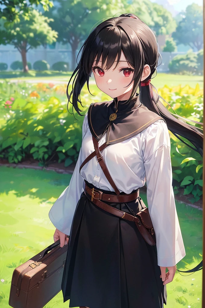 (masterpiece; best quality: 1.2), (finely detailed eyes: 1.3), ((10 year old female ???)), ((solo)), (red eyes: 1.4), (body; short, slender: 1.3), (black hair in ponytail: 1.3), (beautiful and clear background: 1.2), ((depth of field)), (clothes: wanderer mage attire + white-and-gold wide-sleeve high-collar shirt + very long black skirt + belts + traveler pouches and satchel: 1.3), (anime illustration: 1.2), (background; garden exterior: 1.1), (extremely fine and beautiful: 1.1), (shot composition; standing + centered on torso + close-up: 1.5), (expression; calm, smile: 1.2)