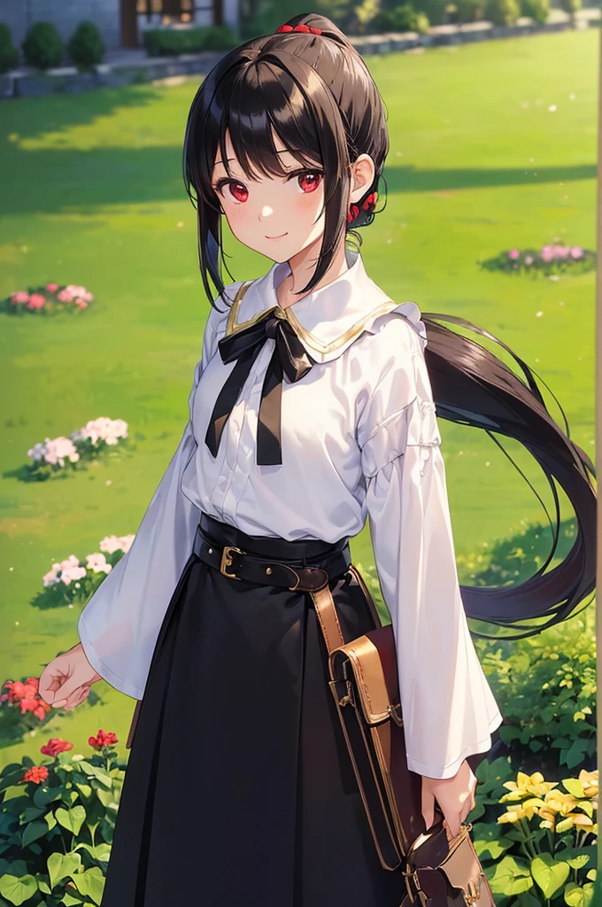 (masterpiece; best quality: 1.2), (finely detailed eyes: 1.3), ((10 year old female kid)), ((solo)), (red eyes: 1.4), (body; short, slender: 1.3), (black hair in ponytail: 1.3), (beautiful and clear background: 1.2), ((depth of field)), (clothes: wanderer mage attire + white-and-gold wide-sleeve high-collar shirt + very long black skirt + belts + traveler pouches and satchel: 1.3), (anime illustration: 1.2), (background; garden exterior: 1.1), (extremely fine and beautiful: 1.1), (shot composition; standing + centered on torso + close-up: 1.5), (expression; calm, smile: 1.2)