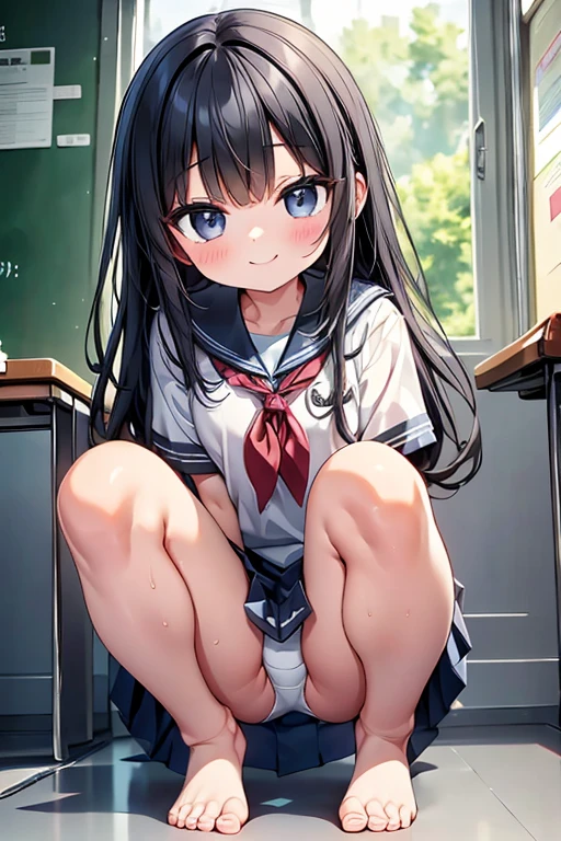 One person、Long Hair、Lori、Black Hair、smile、With bangs、-yeld gismall、High schoe、Innocent face、Big eoot、black eye、cute、Are thin、凄くsmall胸、身長のsmall、With legs apart 、School、Schoolの制服、Short sleeve、Bare Skin