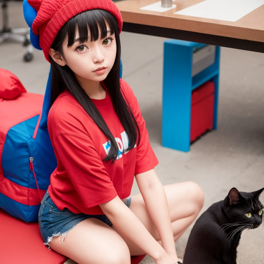 1girl,anime,hair black with red hat,blue shirt,cat hat pink,y2k