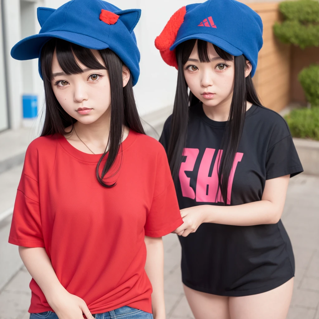 1girl,anime,hair black with red hat,blue shirt,cat hat pink,y2k