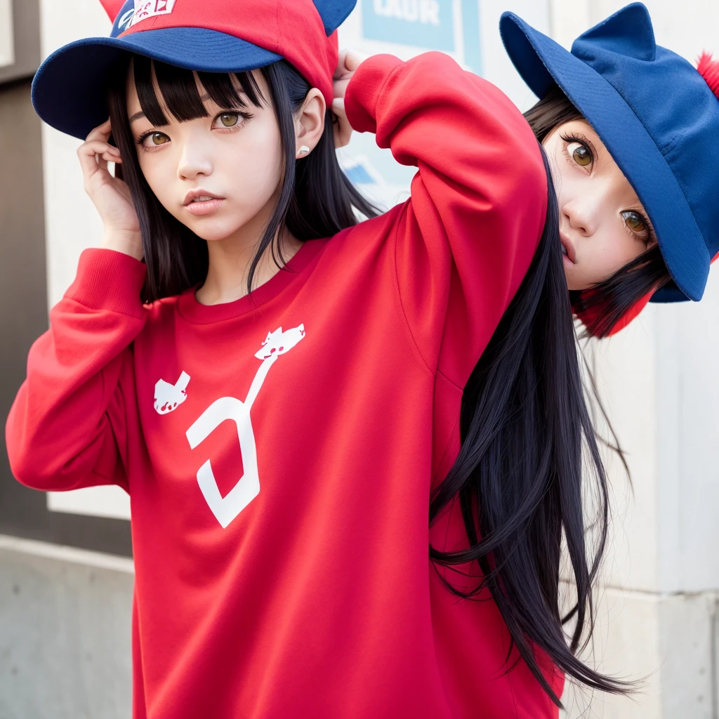 1girl,anime,hair black with red hat,blue shirt,cat hat pink,y2k