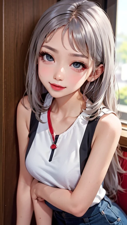 blush a little and smile, (Top quality masterpiece:1.2) Delicate illustrations, Very detailed, /Beautiful Japanese Women、1 person,Very cute and slim、Great style 、((8K images、super high quality))、Very delicate face, Skin and Hair、beautifule forehead、Red lipstick、(((((Mid-length hair、Silver Hair、lure))))),Very cute Japanese cut face、Eyes and nose are clearly visible、Kind eyes,((((Sleeveless fashion))))