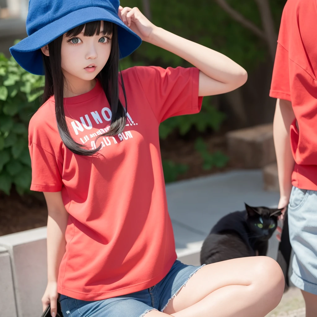 1girl,anime,hair black with red hat,blue shirt,cat hat pink,y2k