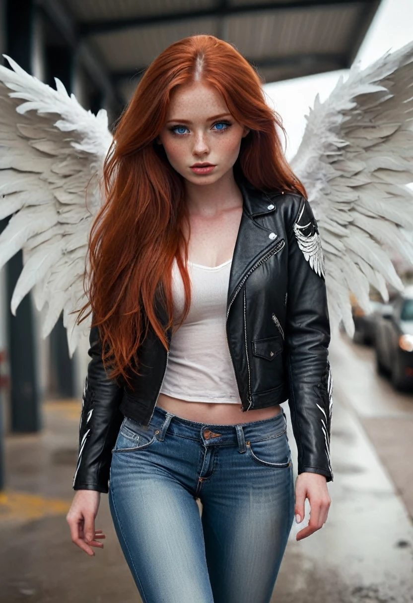 Girl with long red hair. She has blue eyes and her skin is white. She’s wearing a black leather jacket, blue jeans, and she has storage shoes. She has big red wings and she can fly. [Girl] [Wings] [Fantastic] [Beautiful]