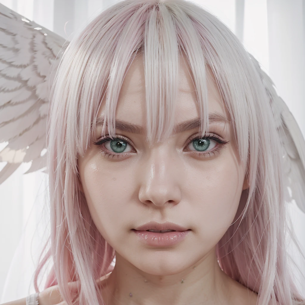screenshot Boku no Hero woman. White skin, long straight pastel pink hair With a curtain bang. Green eyes,long lashes and white ange wings 