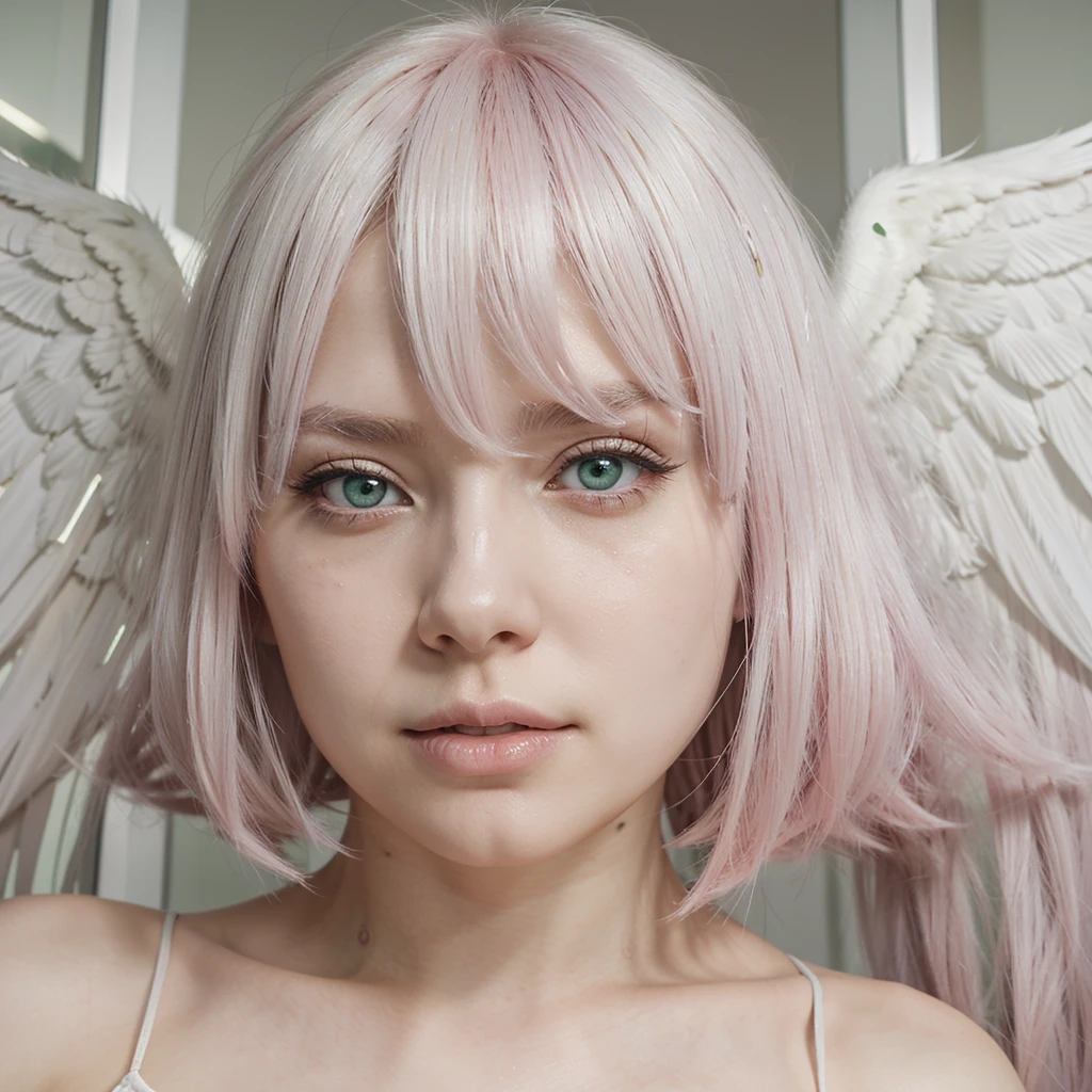 screenshot Boku no Hero woman. White skin, long straight pastel pink hair With a curtain bang. Green eyes,long lashes and white ange wings 